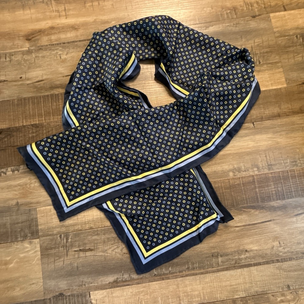 Vintage Rectangle Silk Scarf Hand Rolled Hem Blue Geometric 58 In. X 9.5 In